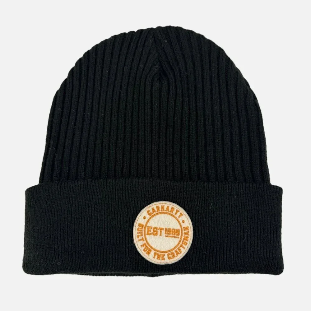 Carhartt Beanie Men's Black Knit Cuffed Built For The Craftsman Patch Hat